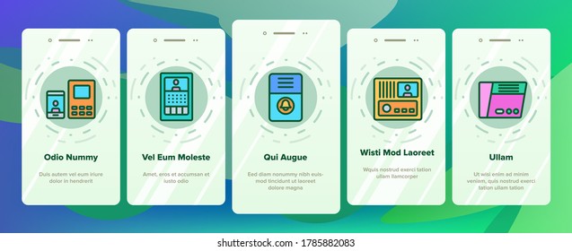 Intercom Communication Onboarding Mobile App Page Screen Vector. Intercom Electronic Protection Device For Communicate, Microphone And Door Bell Illustrations
