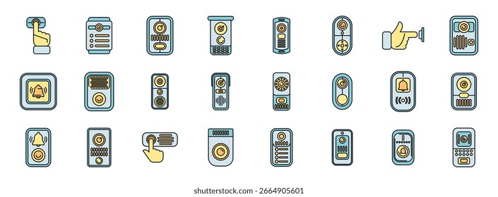 Intercom icons represent various devices and functions, including doorbells, communication systems, and security features, using a consistent visual style