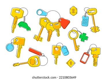 Teclas de intercomunicación y tecleos: conjunto de ilustraciones de estilo de diseño de línea. Imágenes coloridas de alta calidad de los objetos para acceder a varias habitaciones y puertas cerradas. Claves, etiqueta, libertad, diversidad y idea de acceso