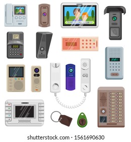 Intercom vector on-door communication equipment in house illustration set of door entrance protection security safety system access doorbell video technology key trinket isolated on white background