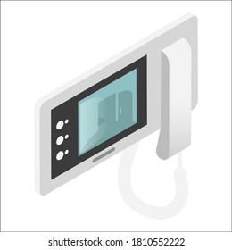 Intercom, video door-phone entry. System used to manage calls made at entrance to building, enabling person indoors to identify visitors. Vector isometric Intercom isolated on white background.