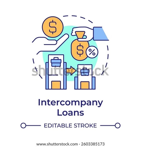 Intercompany loans multi color concept icon. Financial arrangement in corporate group. Intra group transactions. Round shape line illustration. Abstract idea. Graphic design. Easy to use in booklet