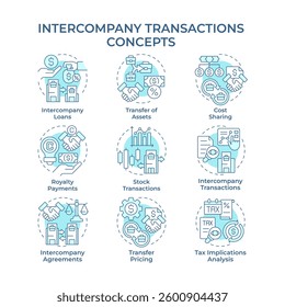 Intercompany transactions soft blue concept icons. Interaction between commercial entities. Financial activity. Icon pack. Vector images. Round shape illustrations for presentation. Abstract idea