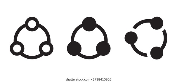Interconnected abstract circle icons representing connection, teamwork, and sharing; simple graphic design on white backgroun.