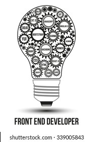 Interconnected black front end technology gears composed in form of light bulb to symbolize idea of collaborative work to solve any problem. Use for logotypes, business identity, print products.