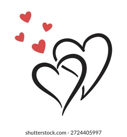 Corações negros interligados com corações vermelhos menores sobre fundo branco, simbolizando amor e afeto