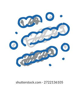 Ilustração interconectada de células de bactérias probióticas azuis e cinzentas, destacando a estrutura microscópica e o papel benéfico no apoio ao equilíbrio da flora intestinal, digestão e bem-estar geral