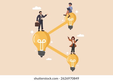 Interconnected Business Ideas and Collaboration  a Illustration Showing Professionals Working on a Network of Glowing Light Bulbs Connected by Idea Flow Lines and sharing idea.