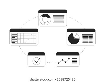 Interconnected circular business dashboard workflow black and white 2D line object. Data analysis. Information management isolated clip art vector outline item. Monochromatic spot illustration