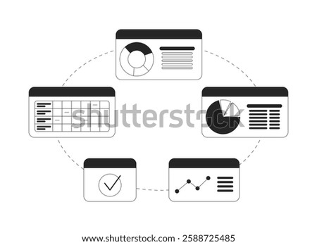 Interconnected circular business dashboard workflow black and white 2D line object. Data analysis. Information management isolated clip art vector outline item. Monochromatic spot illustration