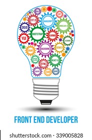 Interconnected colored front end technology gears composed in form of light bulb to symbolize idea of collaborative work to solve any problem. Use for logotypes, business identity, print products.