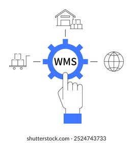 Design interconectado que destaca uma mão apontando para WMS no centro de uma engrenagem com símbolos de um armazém, caminhão e globo. Ideal para logística, controle de estoque, cadeia de suprimento