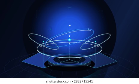 Interconnected digital rings and isometric baseplates form an intelligent network for smart storefronts. Cyan, Royal Blue and Silver color theme.