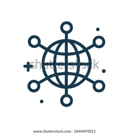 Interconnected globe with orbiting nodes. Icon symbol illustration