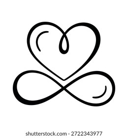 Interconnected heart and infinity symbol in black lines on white