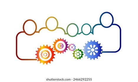 interconnected human figures in various colors, holding hands, with multicolored gears beneath them, symbolizing teamwork, collaboration, and diversity.