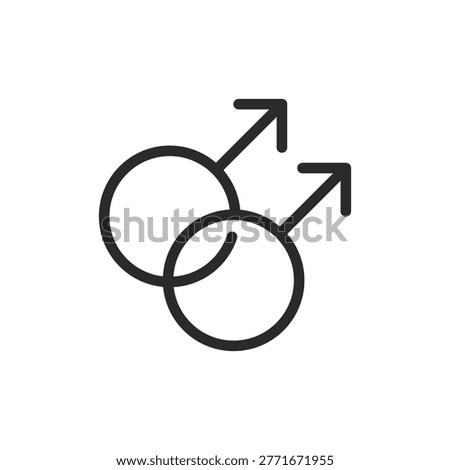 Interconnected male symbols, linear style icon. male gender and relationships. Editable stroke width