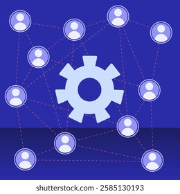 Interconnected people icons surrounding a central gear symbolize business teamwork, technology collaboration, and network efficiency in achieving common goals