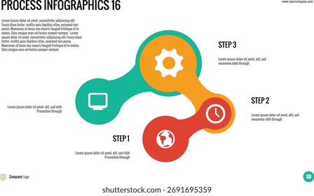 Infográfico de processo interconectado: visualize etapas sequenciais ou interconectadas em um fluxo de trabalho, projeto ou processo para apresentações comerciais e educacionais