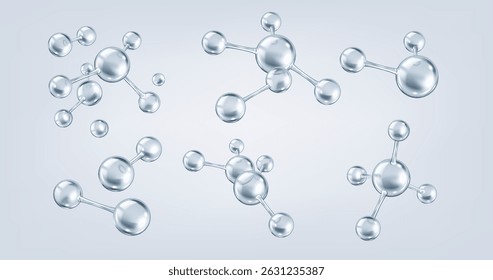 Interconnected silver collagen molecules realistic color icons set. Intricate network of tissue structure 3d objects bundle on grey background