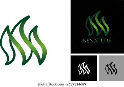 Interconnected three leaves to form creative logo for brand products and business. Dynamic green color nature icon.