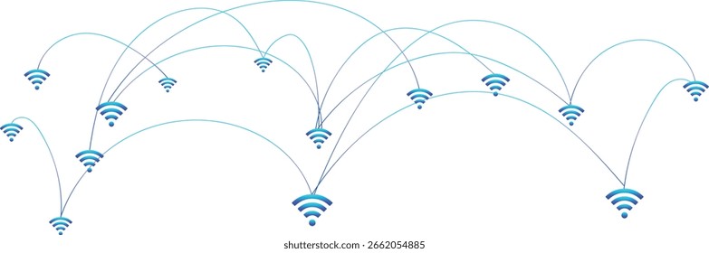 Interconnected WiFi signals floating in the air. Internet connection light lines on a transparent background. For coworking and conferences. Global communication concept. Technology element.