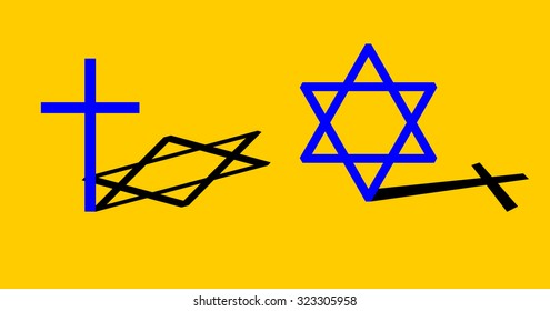 Interconnection between Christianity and Judaism concept. Big blue cross casting black shadow in the shape of the hexagram and vice versa. Isolated on yellow. Vector simple stylized icons or banner.