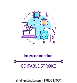 Interconnection concept icon. Industry 4.0 design idea thin line illustration. Exchanging digital information. Connection and communication. Vector isolated outline RGB color drawing. Editable stroke