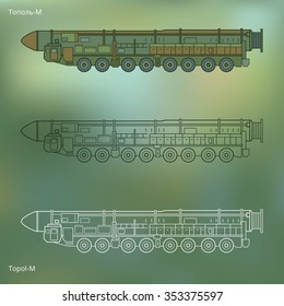 Intercontinental ballistic missile Topol-M, isolated on a green background. Nuclear weapon. Vector illustration.