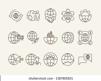 Intercontinental business line icon set. Partnership, gear, mobile payment, world. Business concept. Can be used for topics like finance, analysis, agreement