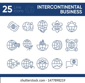 Intercontinental business line icon set. Partnership, gear, mobile payment, world. Business concept. Can be used for topics like finance, analysis, agreement