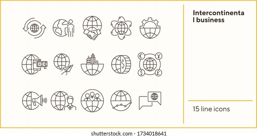 Intercontinental business line icon set. Partnership, gear, mobile payment, world. Business concept. Can be used for topics like finance, analysis, agreement