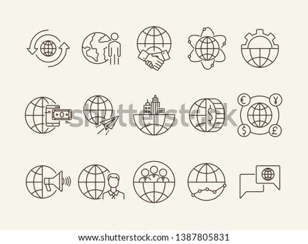 Intercontinental business line icon set. Partnership, gear, mobile payment, world. Business concept. Can be used for topics like finance, analysis, agreement