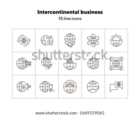 Intercontinental business line icon set. Partnership, gear, mobile payment, world. Business concept. Can be used for topics like finance, analysis, agreement