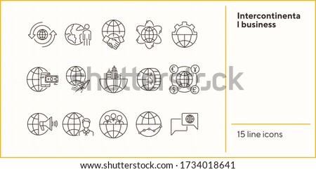 Intercontinental business line icon set. Partnership, gear, mobile payment, world. Business concept. Can be used for topics like finance, analysis, agreement