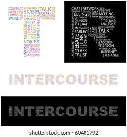 INTERKURSE. Textcollage. Illustration mit unterschiedlichen Assoziationsbegriffen.