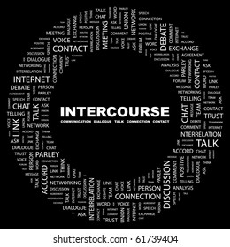 INTERCURSO. Composición de palabras sobre fondo negro. Ilustración con diferentes términos de asociación.