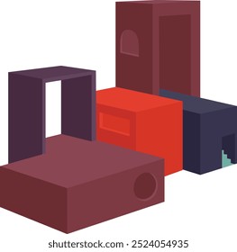 Interessante ilustración vectorial de cinco prismas rectangulares en colores otoñales, que asemejan edificios, plataformas o estructuras de algún tipo.