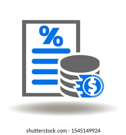 Interest Comission Money Logo. Sheet percent coins stack dollar fly icon vector. Discount price sheet sign.