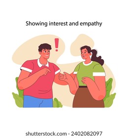 Interest and empathy concept. Man paying attention and supporting talking woman. Engaged conversation and mutual understanding. Human connection and emotional intelligence. Flat vector illustration