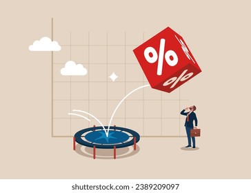 Interest, financial and mortgage rates. Percent bounce back on the trampoline rising. Modern vector illustration in flat style