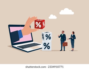 Interest, financial and mortgage rates. Through the digital computer hand businessman keeps cube with percentage symbol. 