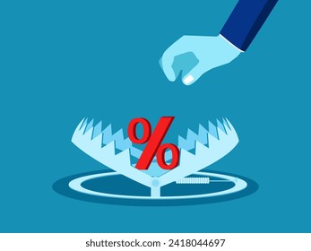 Interest and financial risks. Businessman picks up percentage from a bear trap. Vector