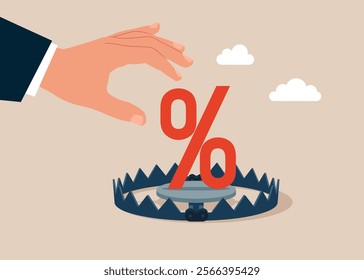 Interest and financial risks. Hand trying to take red percentage sign from a bear trap. Modern vector illustration in flat style