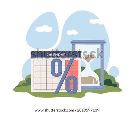 Interest free financing and payment terms. Zero percent rate, deferred payment, installment plan and deadline management, deadlines calendar with percent vector cartoon flat style isolated concept