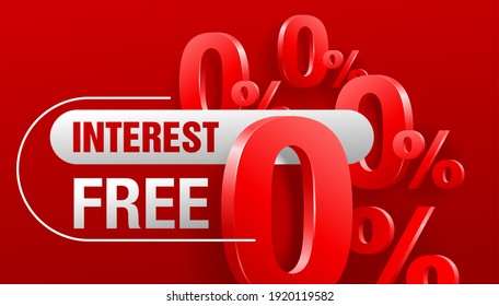 Interest free - zero commission banner or poster for zero percents credit company offers - isolated vector illustration with many zero and percent symbols
