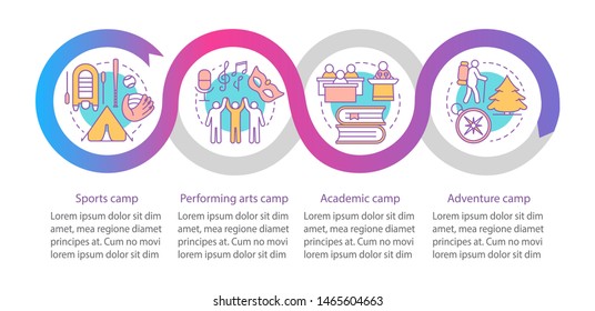 Interest, hobby camps vector infographic template. Business presentation design elements. Data visualization with four steps and options. Process timeline chart. Workflow layout with linear icons