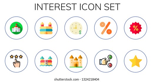 interest icon set. 10 flat interest icons.  Collection Of - castle, rating, time is money, percentage, rate