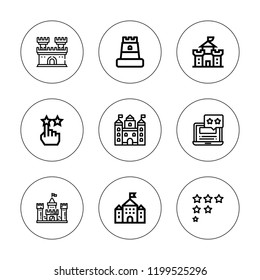 Interest icon set. collection of 9 outline interest icons with castle, rate icons. editable icons.