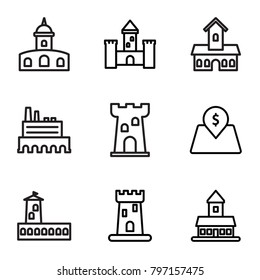 Interest icons. set of 9 editable outline interest icons such as castle